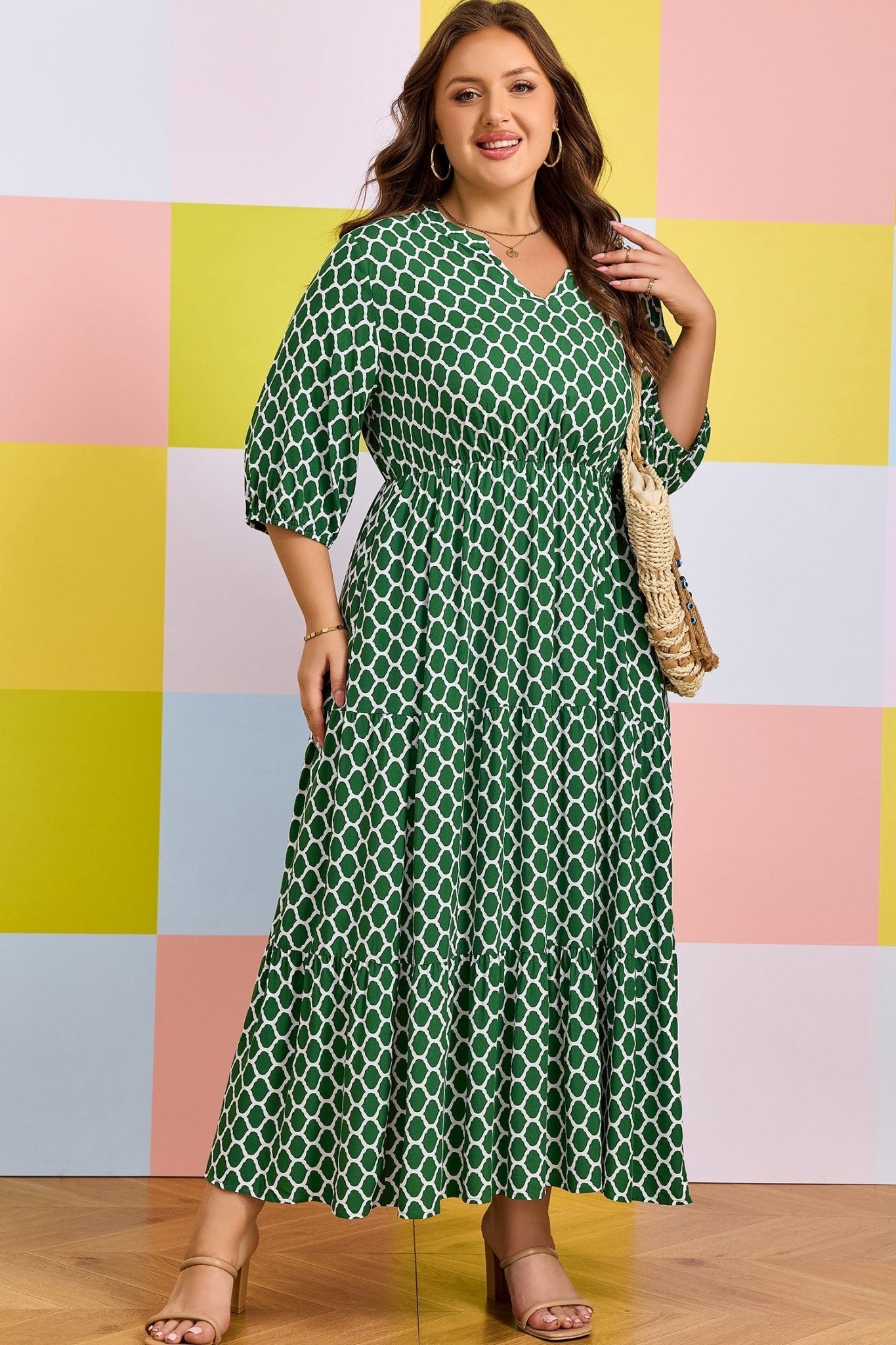 Green Plus Size Geometric Print Pocketed Ruffle Hem Casual Dress - Loving It Shop