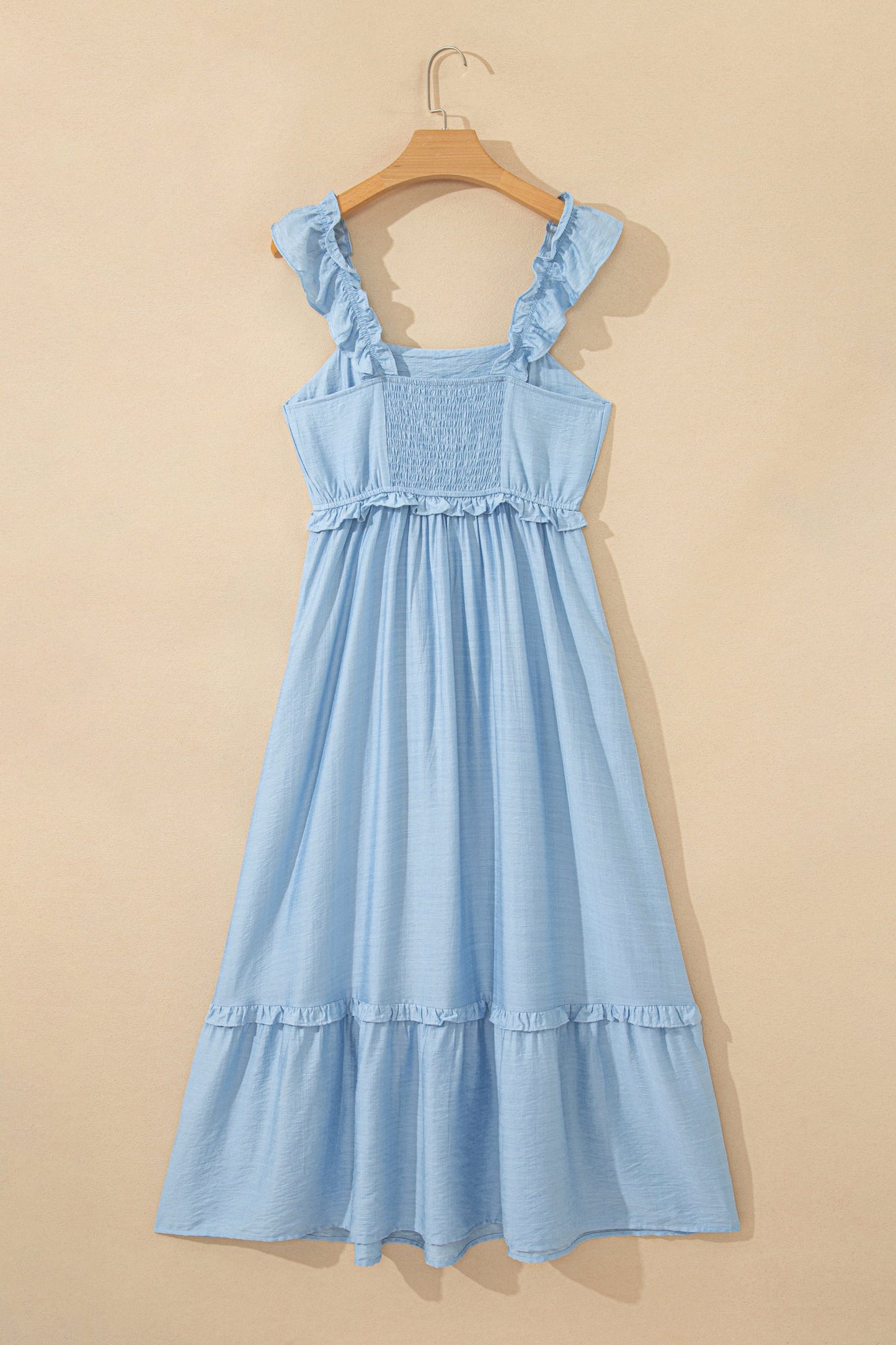 Beau Blue Solid Color Ruffle Trim High Waist Sleeveless Maxi Dress