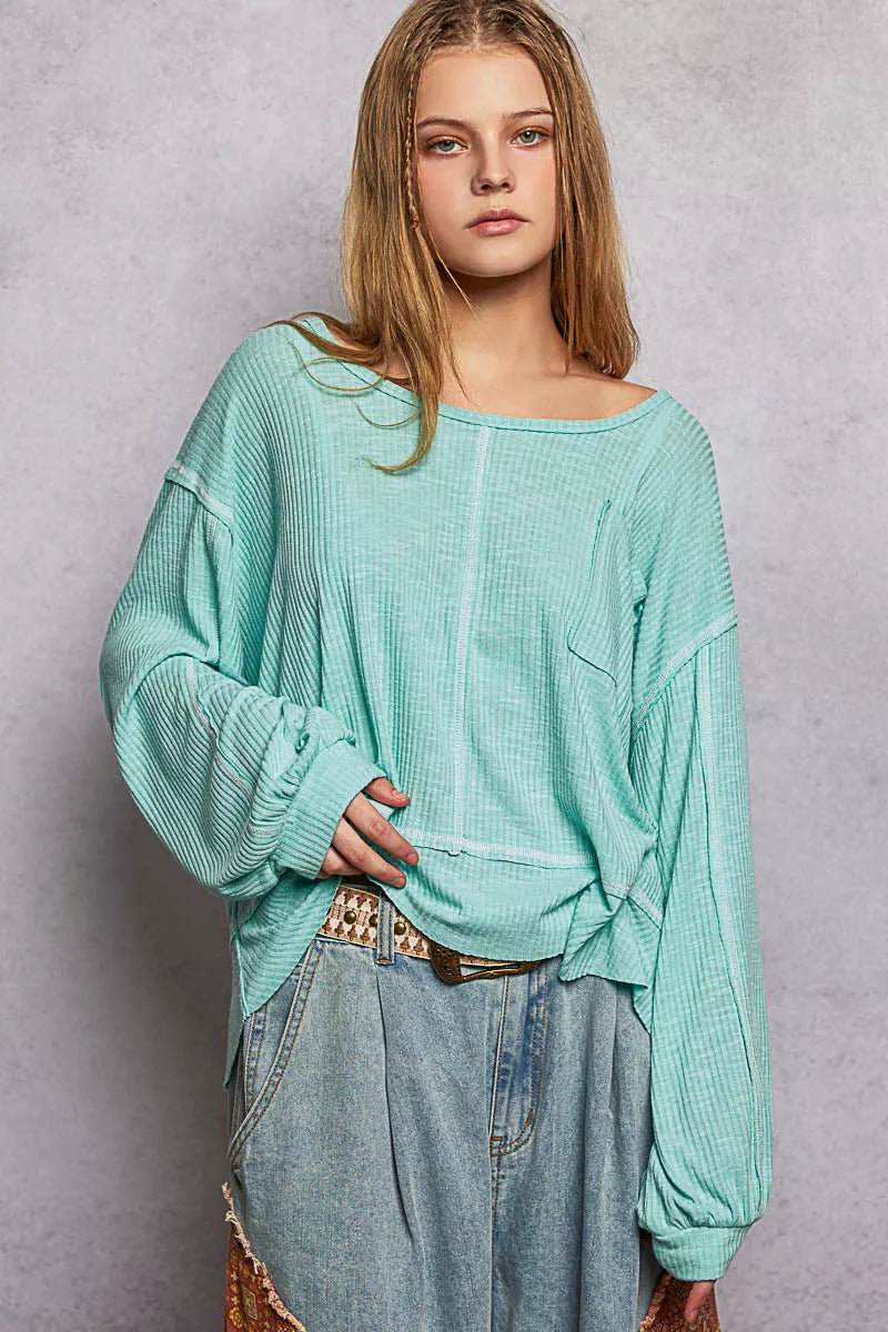 Round Neck Long Sleeve Exposed Seam Top with Chest Pocket