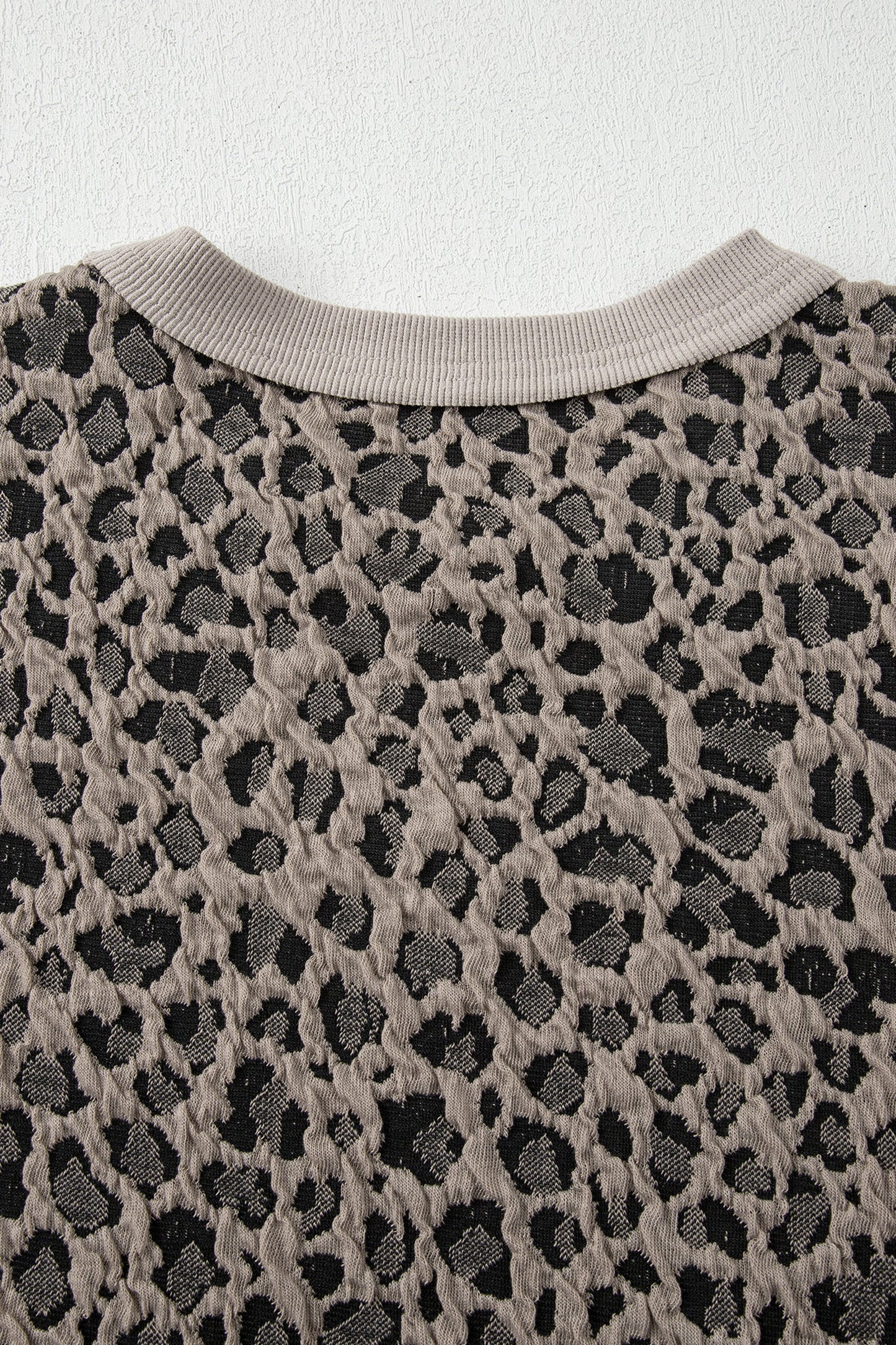 Khaki Jacquard Leopard Half Sleeve Jumper Wide Leg Pant Set