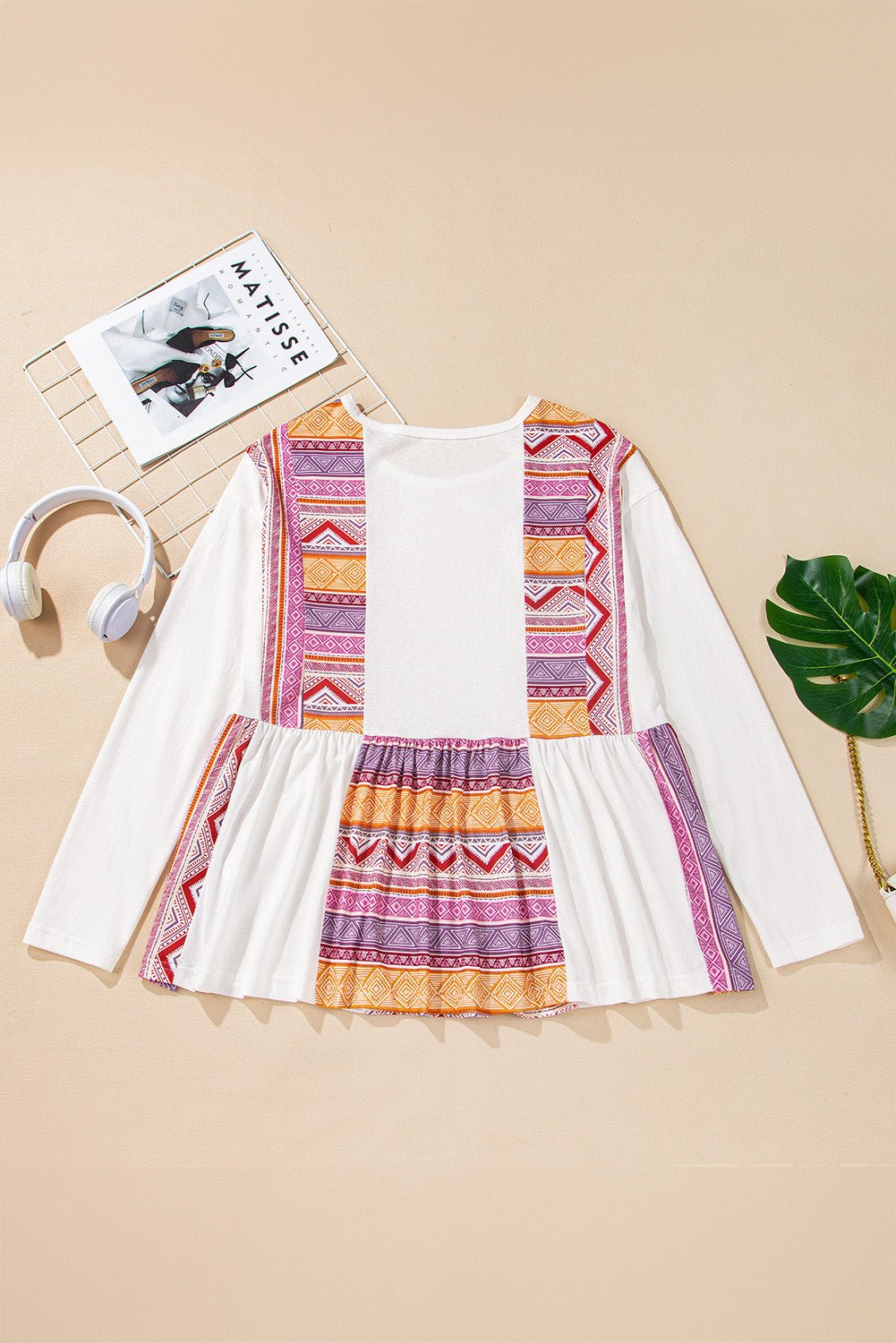 White Western Aztec Print Patchwork Ruffled Tunic Long Sleeve Babydoll Top - Loving It Shop