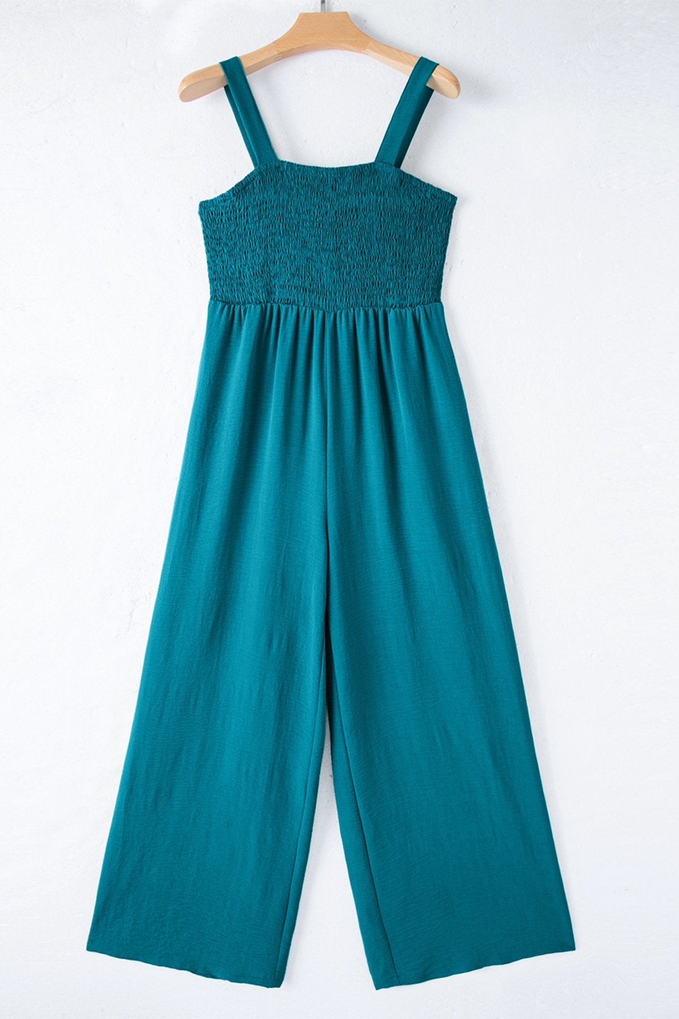 Peacock Blue Smocked Square Neck Sleeveless Jumpsuit with Pockets - Loving It Shop
