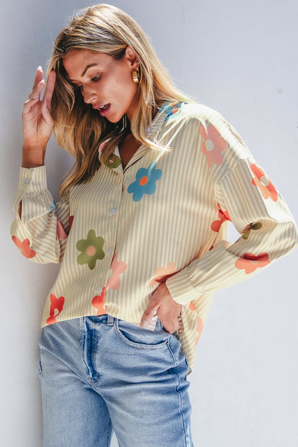 Apricot Stripe Flower Print Collared Button - up Loose Fit Shirt - Loving It Shop