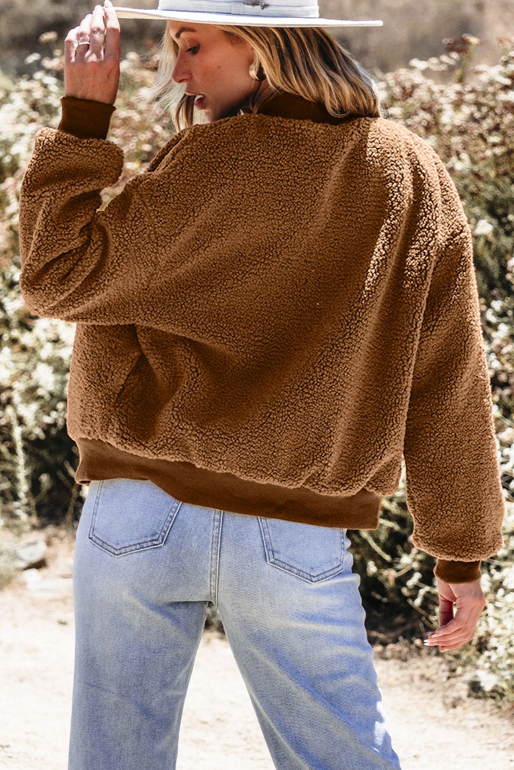 Redwood Burl Sherpa Ribbed Baseball Collar Bomber Jacket - Loving It Shop