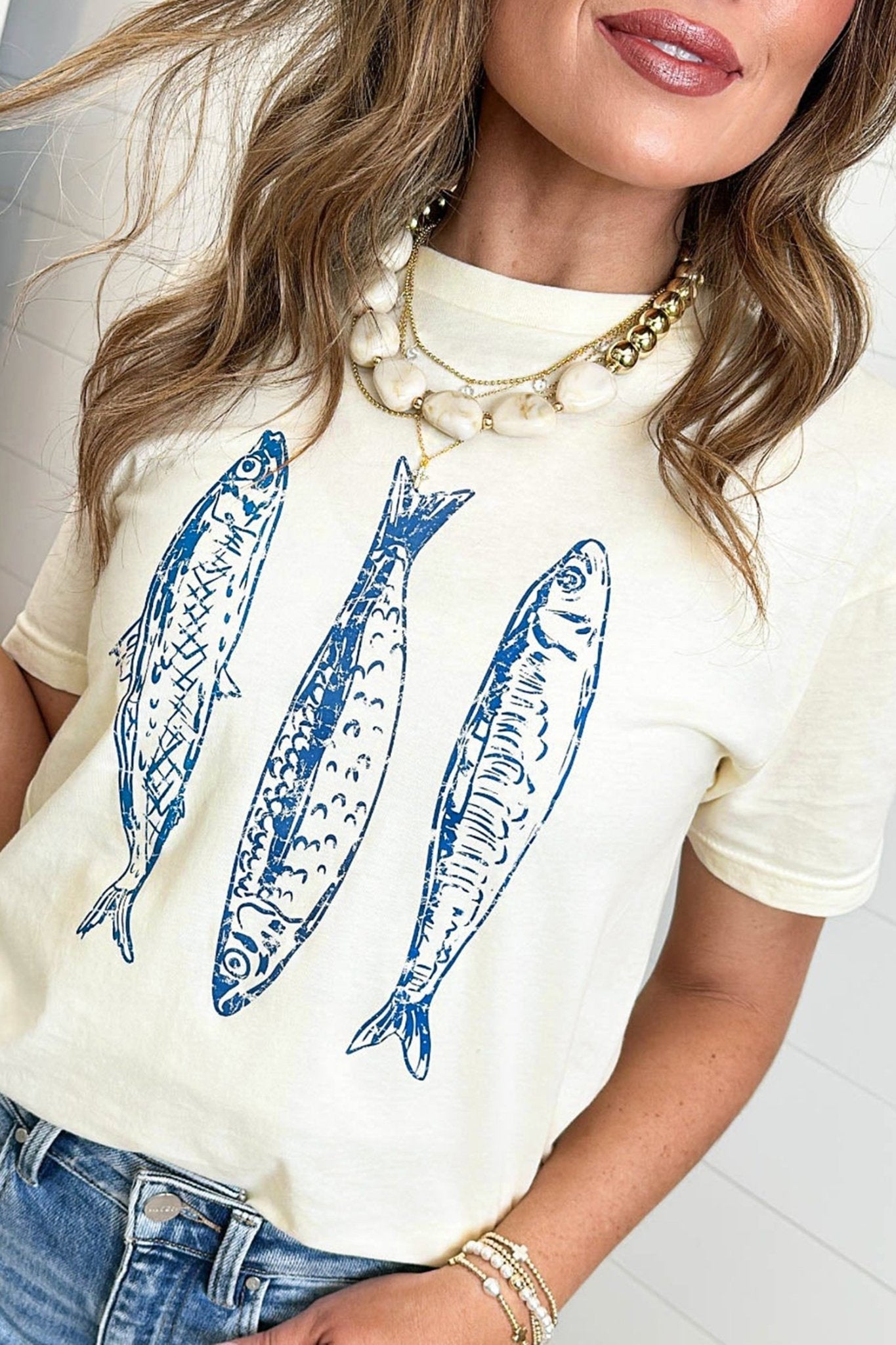 White Fish Print Short Sleeve Round Neck T Shirt - Loving It Shop