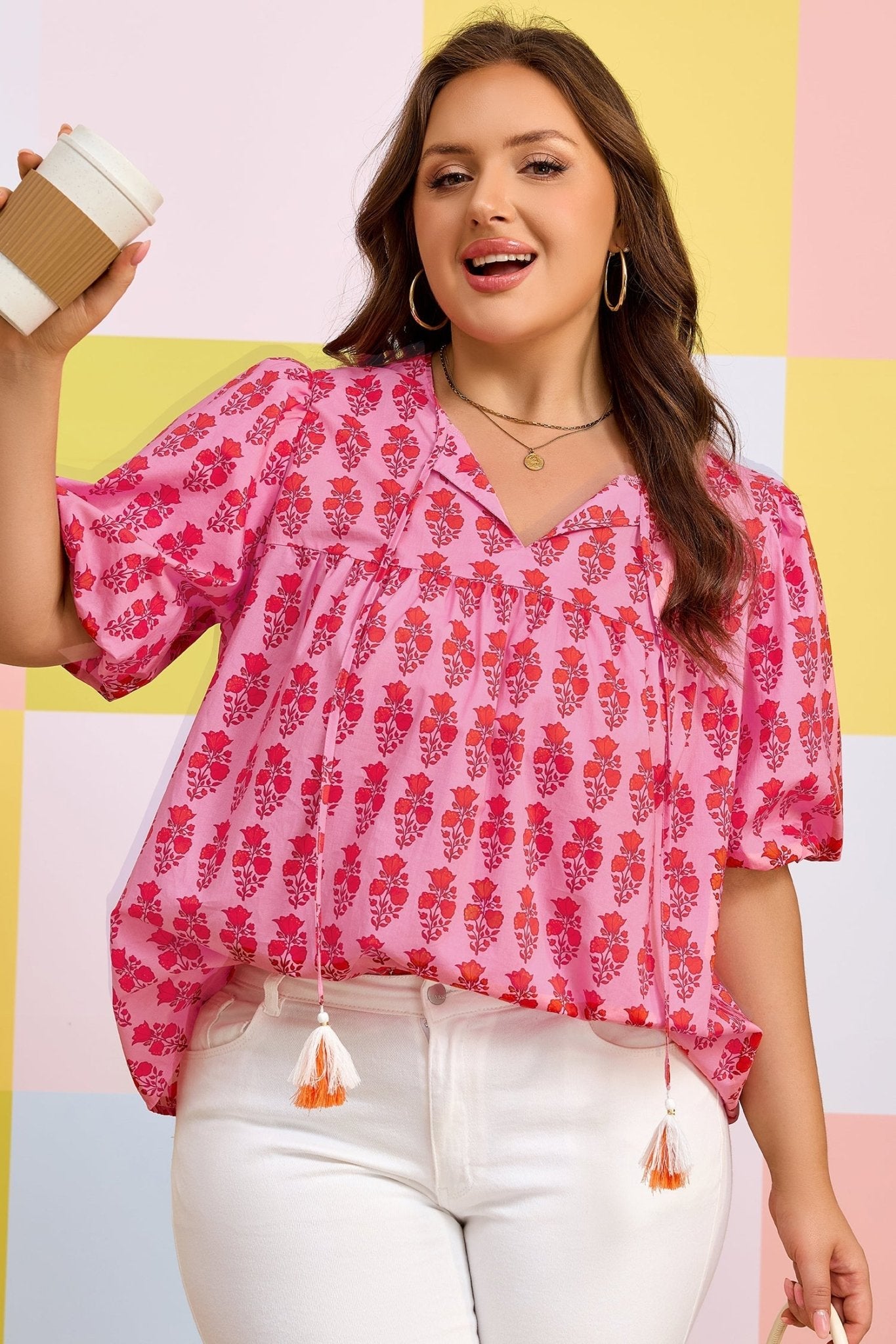 Pink Plus Size Floral Print Tassel Tie Puff Sleeve Cotton Blouse - Loving It Shop