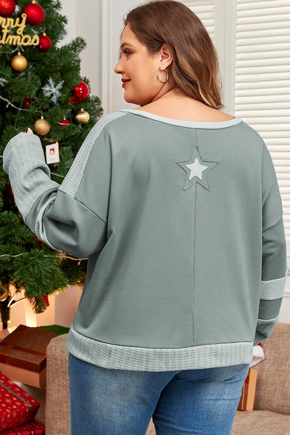 Mist Green Stars Patchwork Round Neck Plus Size T Shirt - Loving It Shop