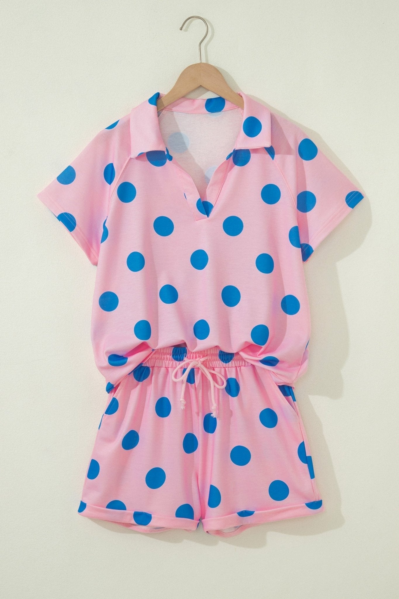 Pink Polka Dot Print V Neck Tee Short Set - Loving It Shop