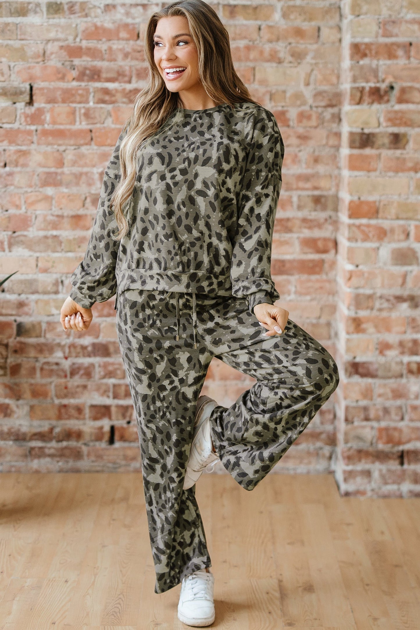 Gray Leopard Print Raw Seam Patchwork Pullover Drawstring Loose Pant Set