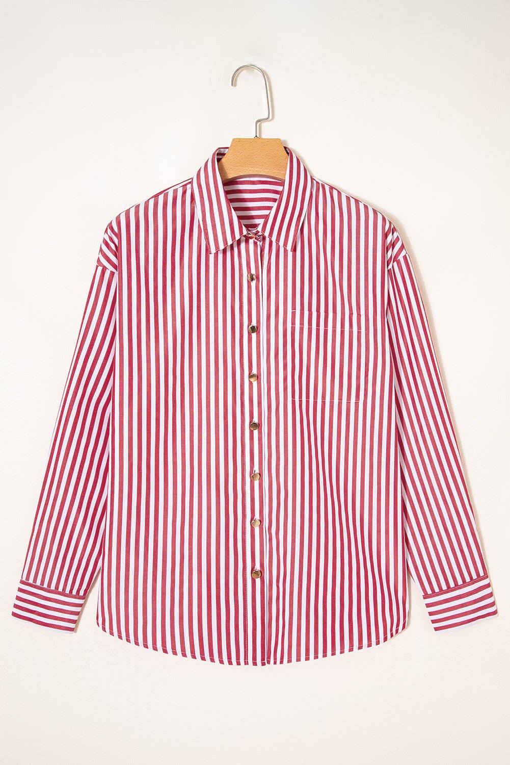 Red Stripe Patched Pocket Side Slit Loose Shirt - Loving It Shop