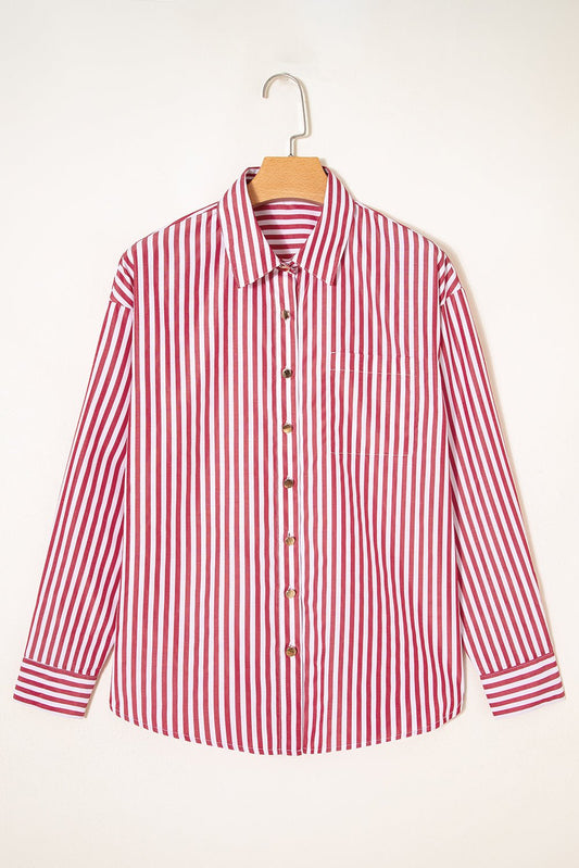 Red Stripe Patched Pocket Side Slit Loose Shirt - Loving It Shop
