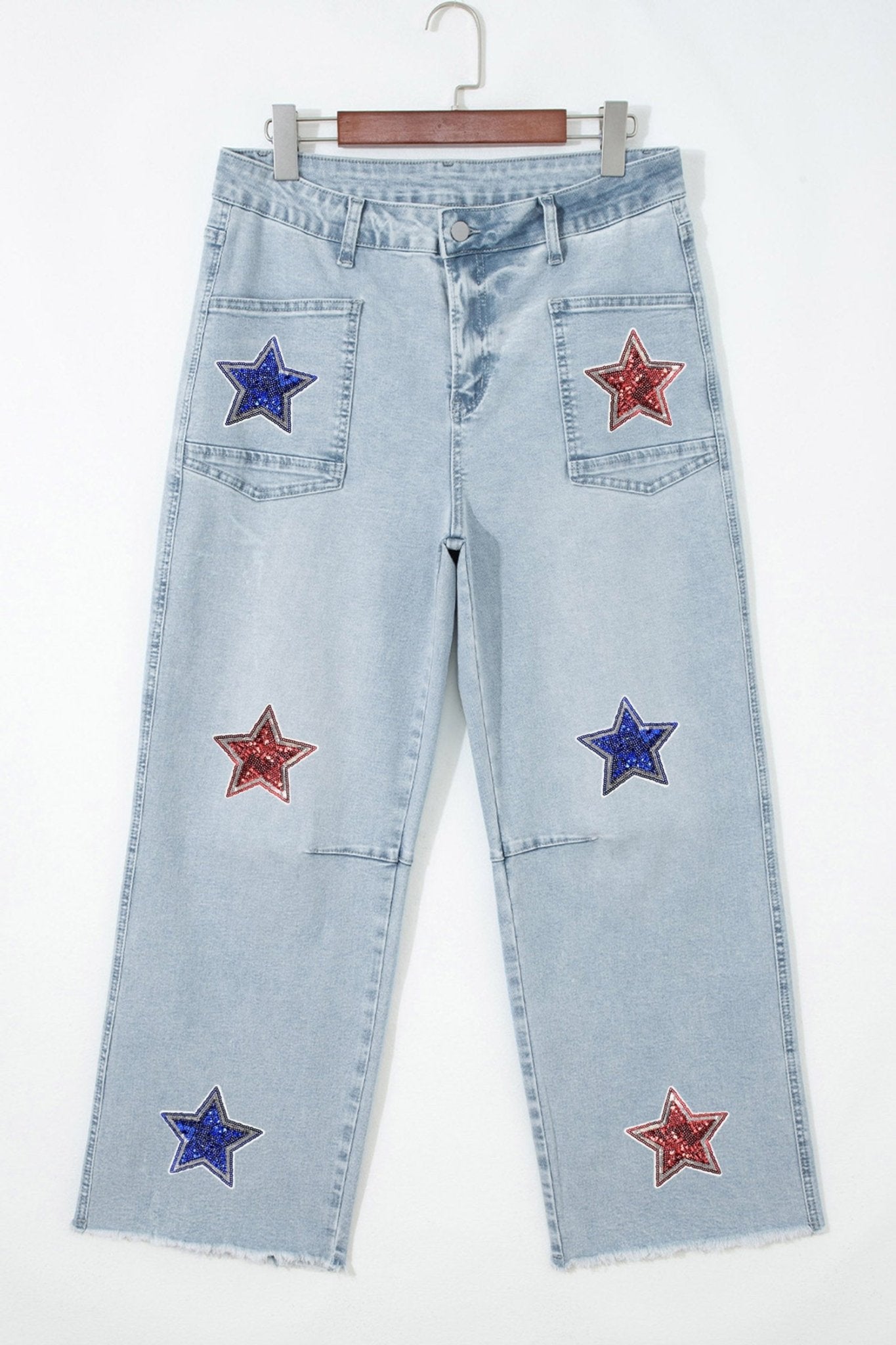 Beau Blue Patriotic Sequin Stars Patch Pocket Shift Jeans - Loving It Shop