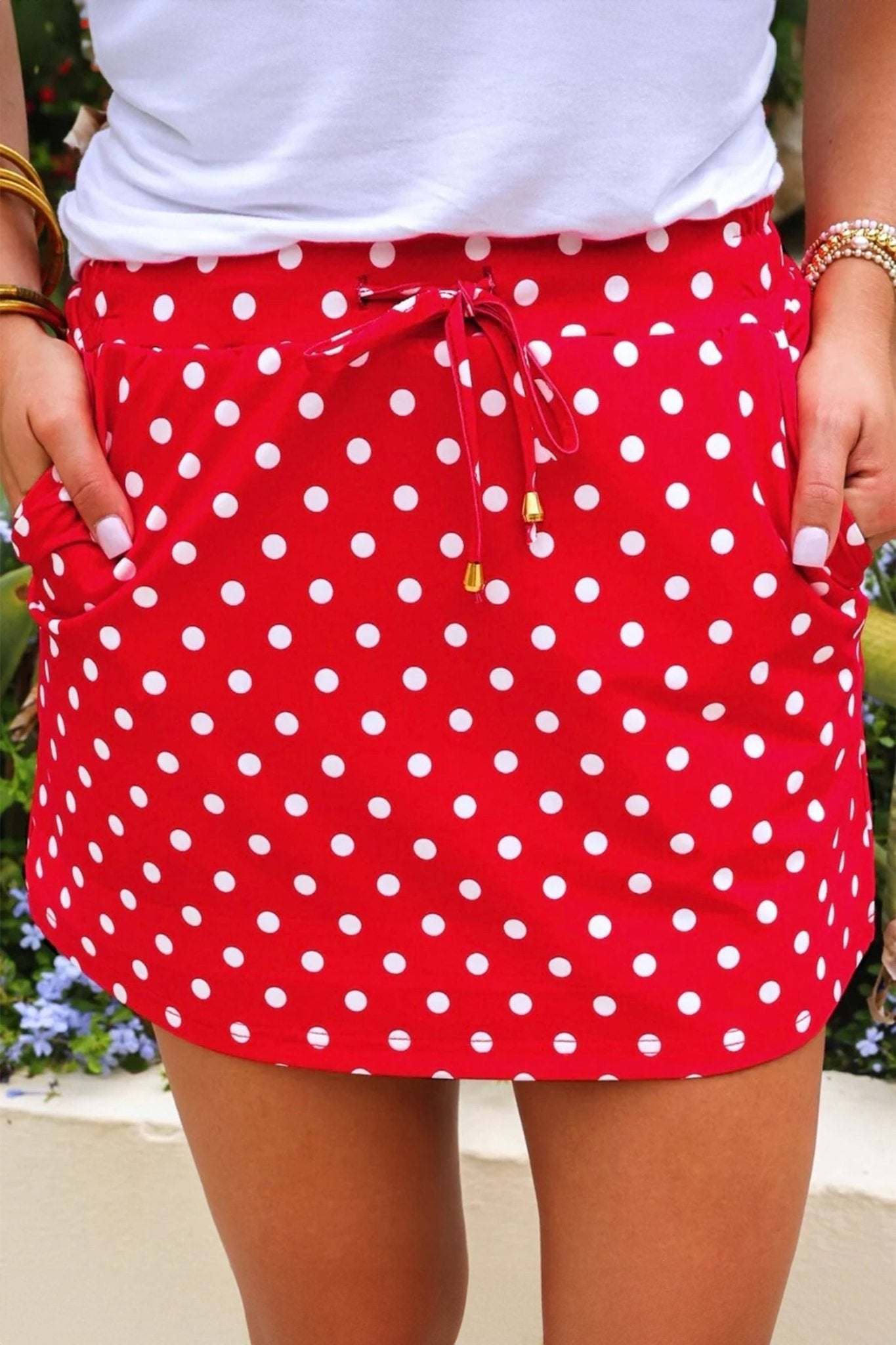 Fiery Red Polka Dot Drawstring Casual Mini Skort - Loving It Shop