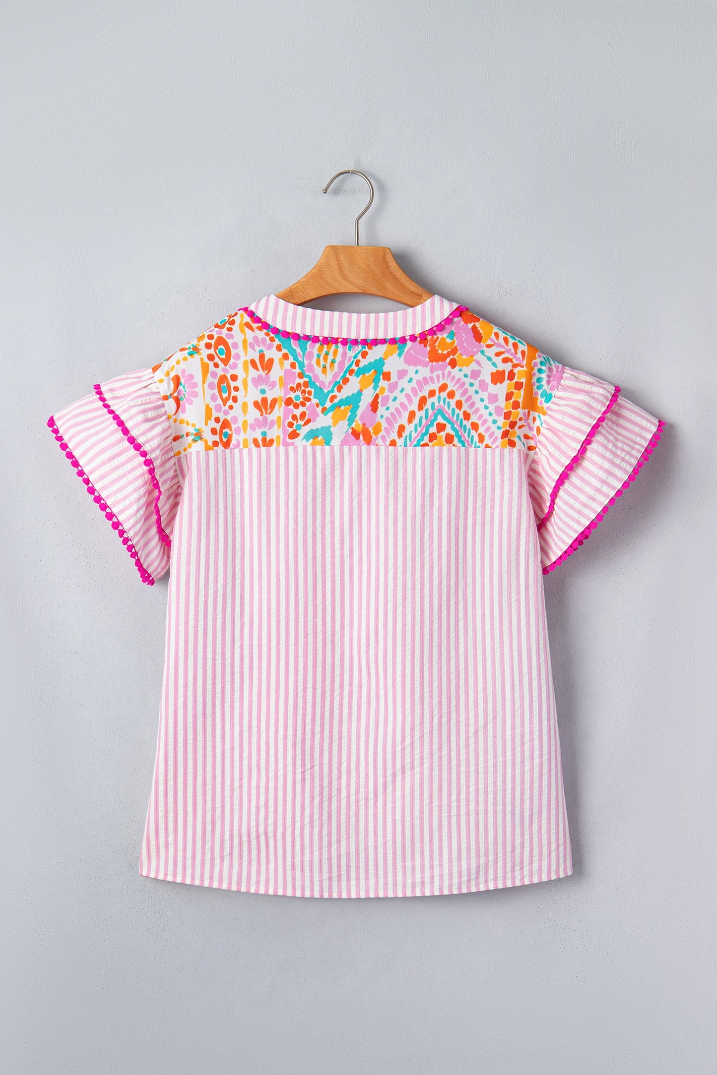 Rose Boho Mixed Print Contrast Trim Striped Patchwork Tiered Short Sleeve Blouse