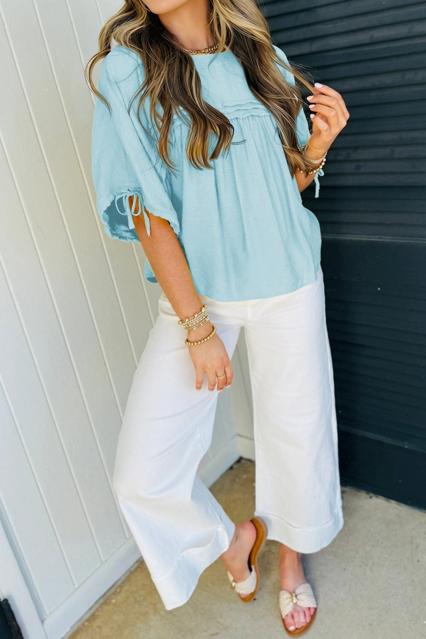 Mist Blue Tie Half Sleeve Pleated Detail Babydoll Blouse - Loving It Shop