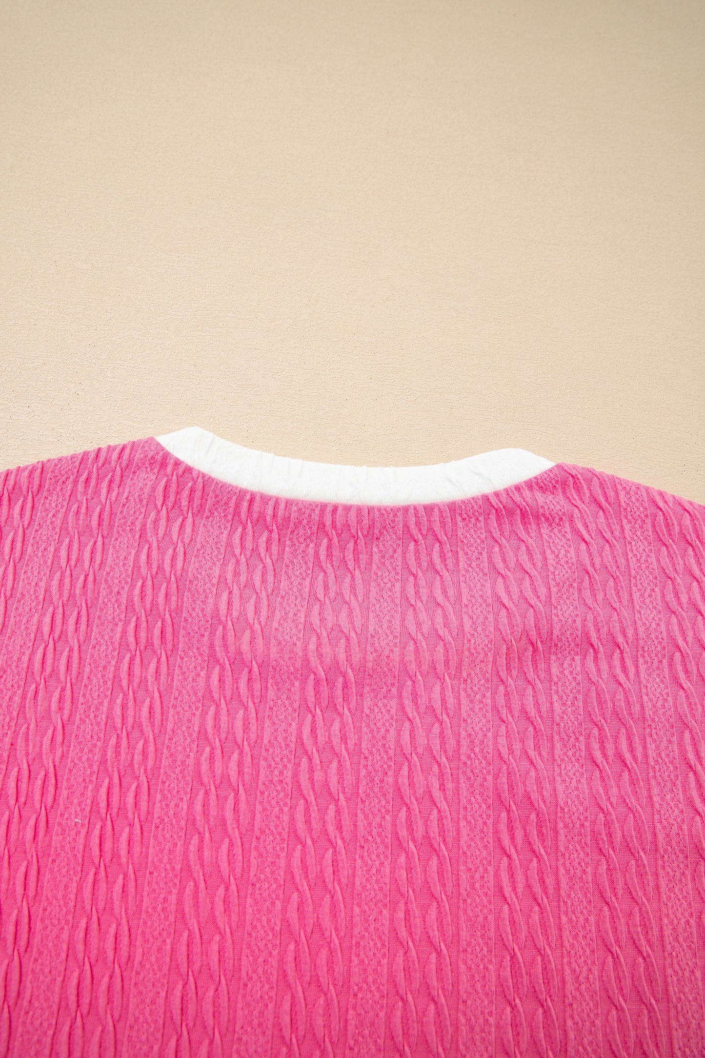 Bright Pink Textured Color Block Trim Loose Tee Drawstring Shorts 2pcs Set