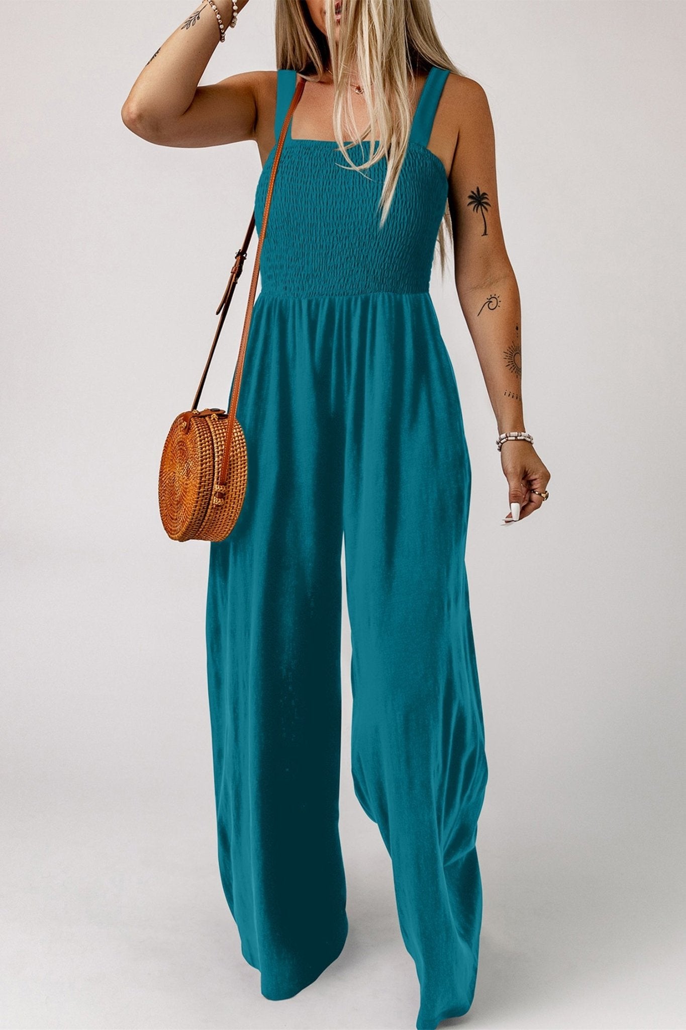 Peacock Blue Smocked Square Neck Sleeveless Jumpsuit with Pockets - Loving It Shop
