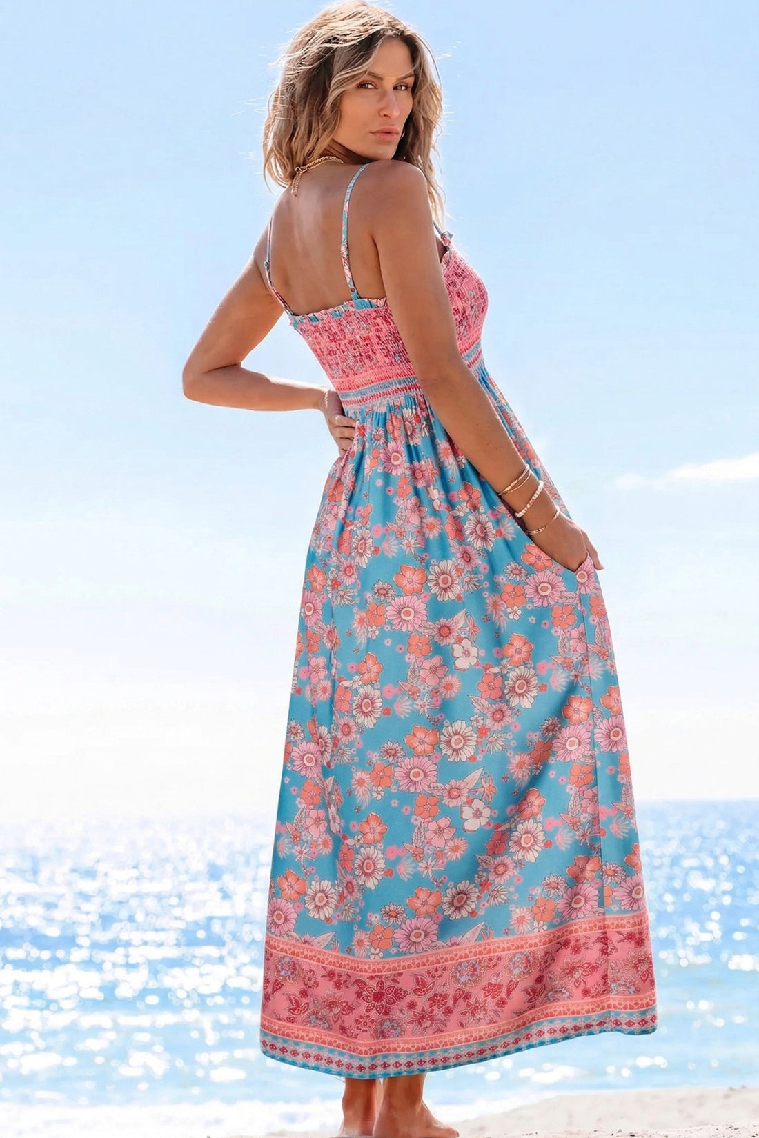 Sky Blue Bohemian Ethnic Print Spaghetti Straps Vacation Maxi Dress - Loving It Shop