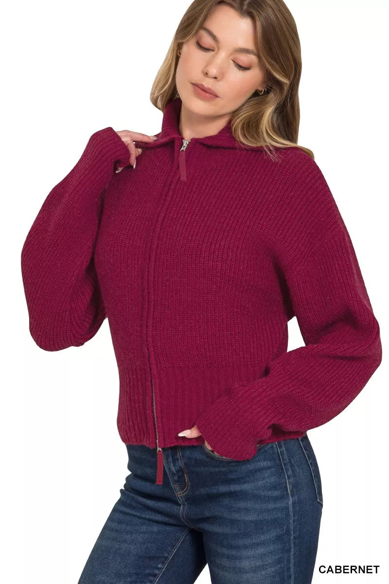 Ribbed Collared Zip Up Sweater Cardigan