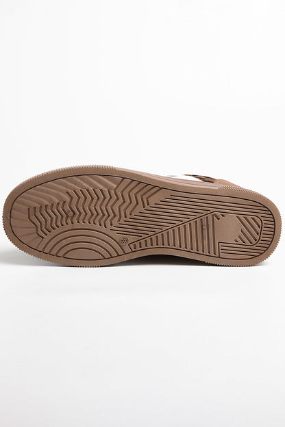 Coffee Textured Woven PU Leather Leopard Patchwork Flat Sneakers