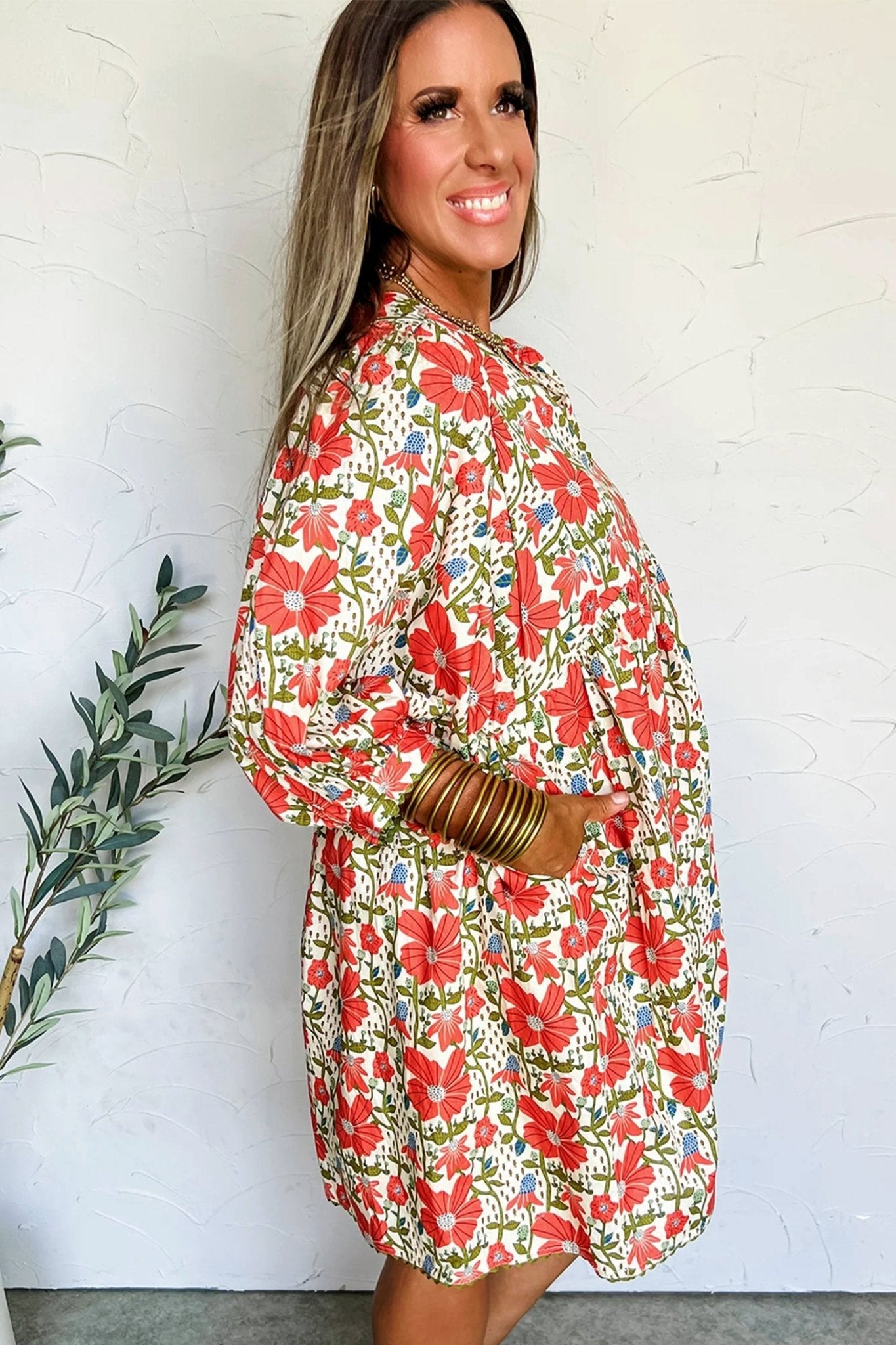 Red Floral Print Ricrac Trim V Neck 3/4 Sleeve Loose Mini Dress - Loving It Shop