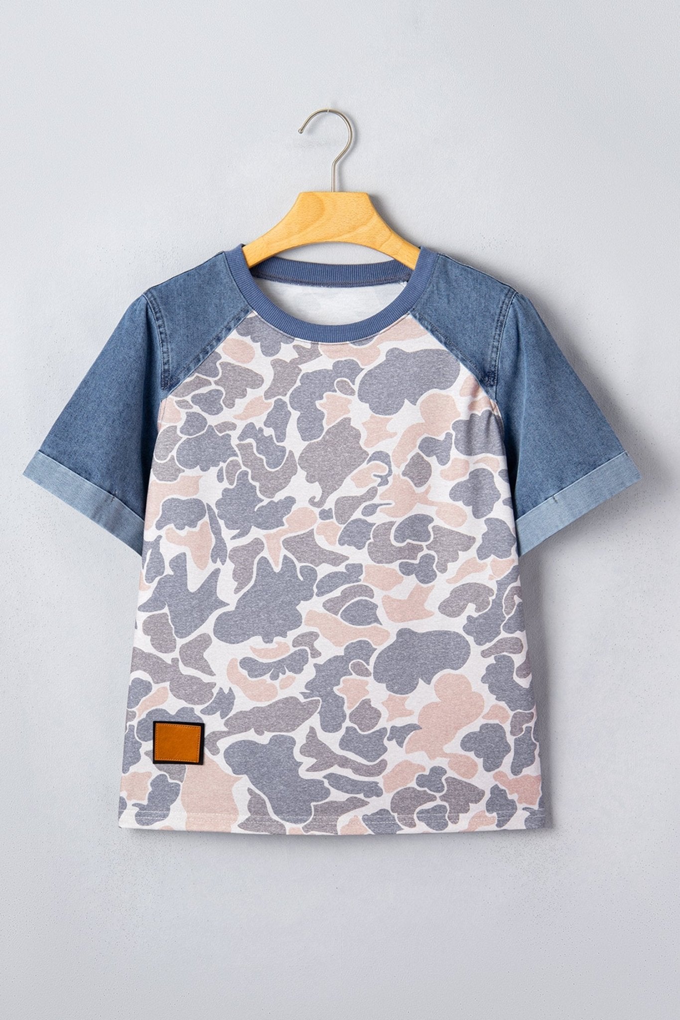 Multicolour Camouflage Print Denim Color Block Sleeve Casual Tee - Loving It Shop
