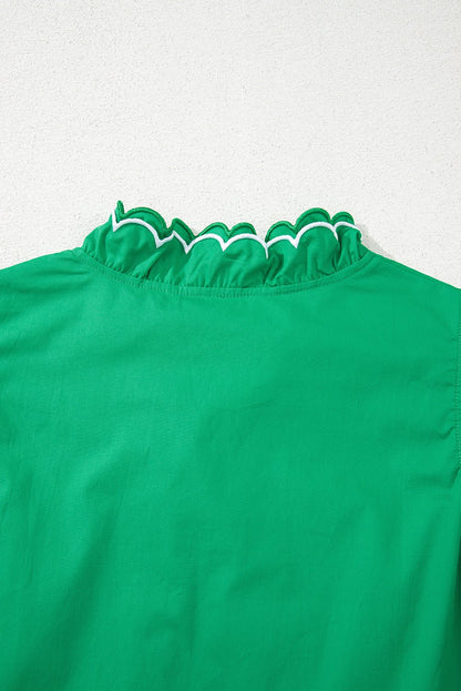 Bright Green Contrast Scallop Trim Layered Short Sleeve V Neck Blouse - Loving It Shop