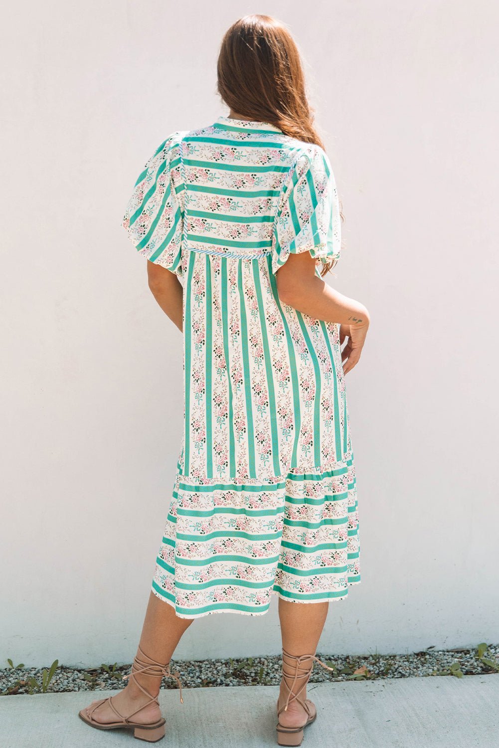 Multicolour Striped Floral Print Tie Split Neck Puff Sleeve Midi Dress - Loving It Shop
