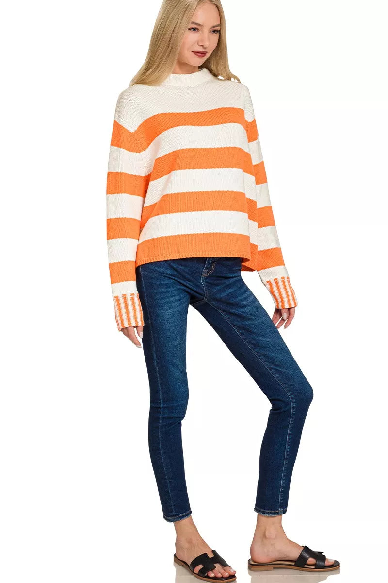 Ribbed Striped Mock Neck Sweater