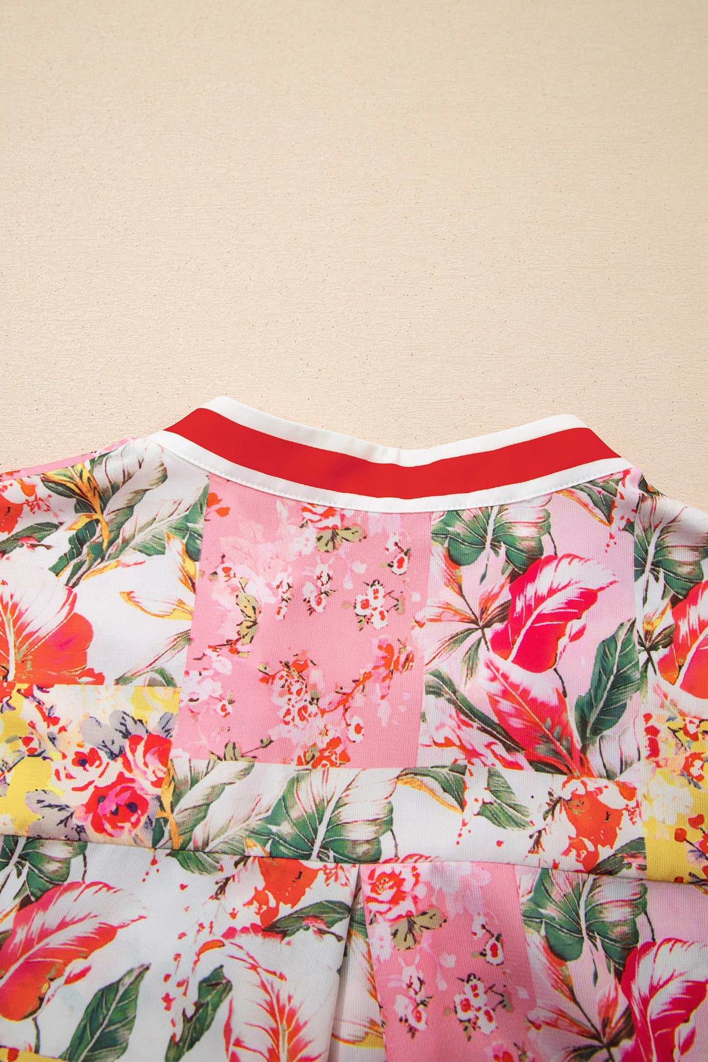 Pink Color Block Floral Print Contrast Trim V Neck Ruffle Hem Mini Dress