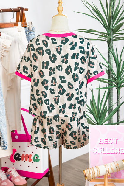 Brown Unique Leopard Print Contrast Trim Top Loose 2pcs Short Set