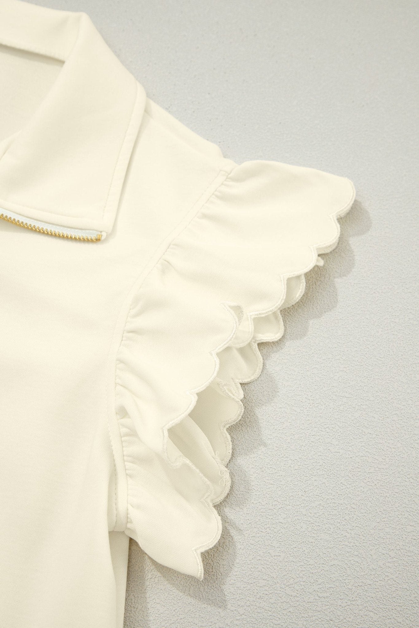 Beige Zipped up Collared Ruffled Short Sleeve Blouse - Loving It Shop