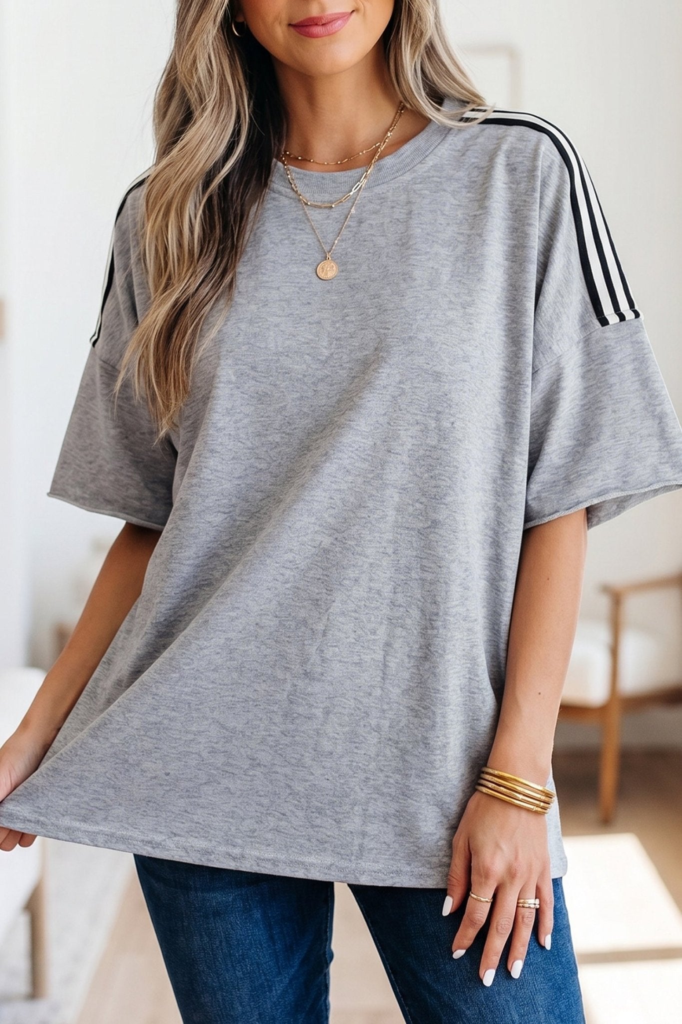 Light Grey Patchwork Detail Raw Edge Oversize Tee - Loving It Shop