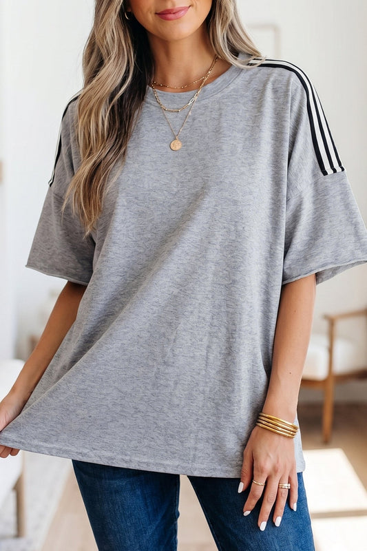 Light Grey Patchwork Detail Raw Edge Oversize Tee - Loving It Shop
