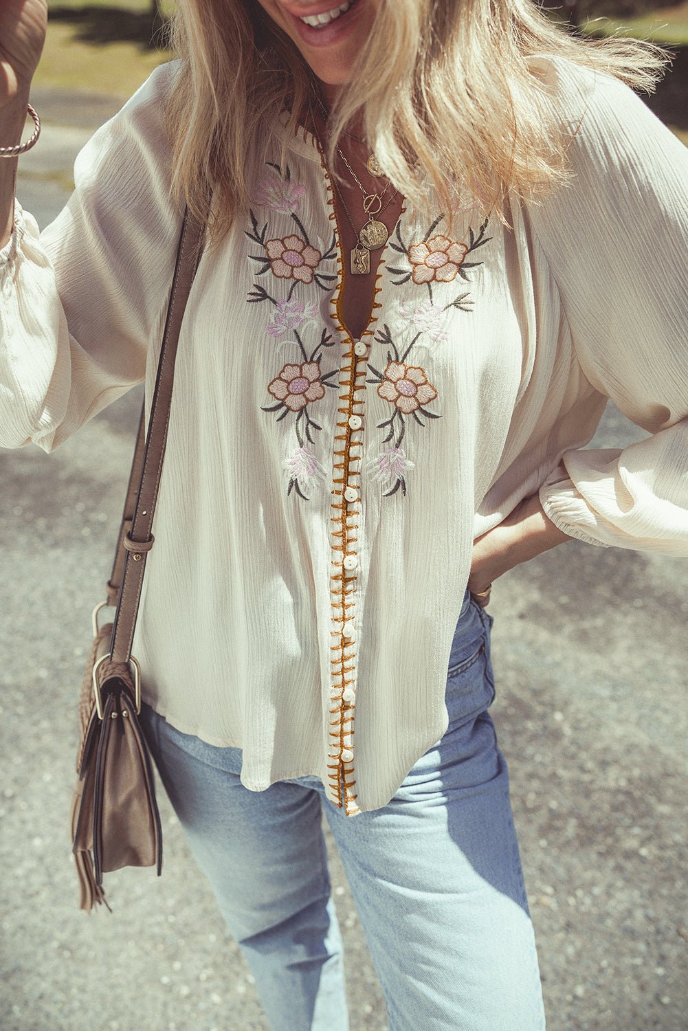 Beige Floral Embroidered Textured Puff Sleeve Loose Shirt - Loving It Shop