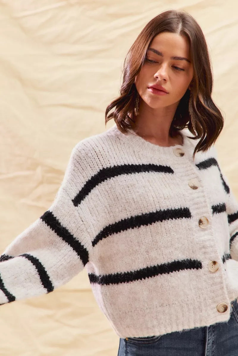 Stripe Soft Touch Button Cozy Sweater Cardigan