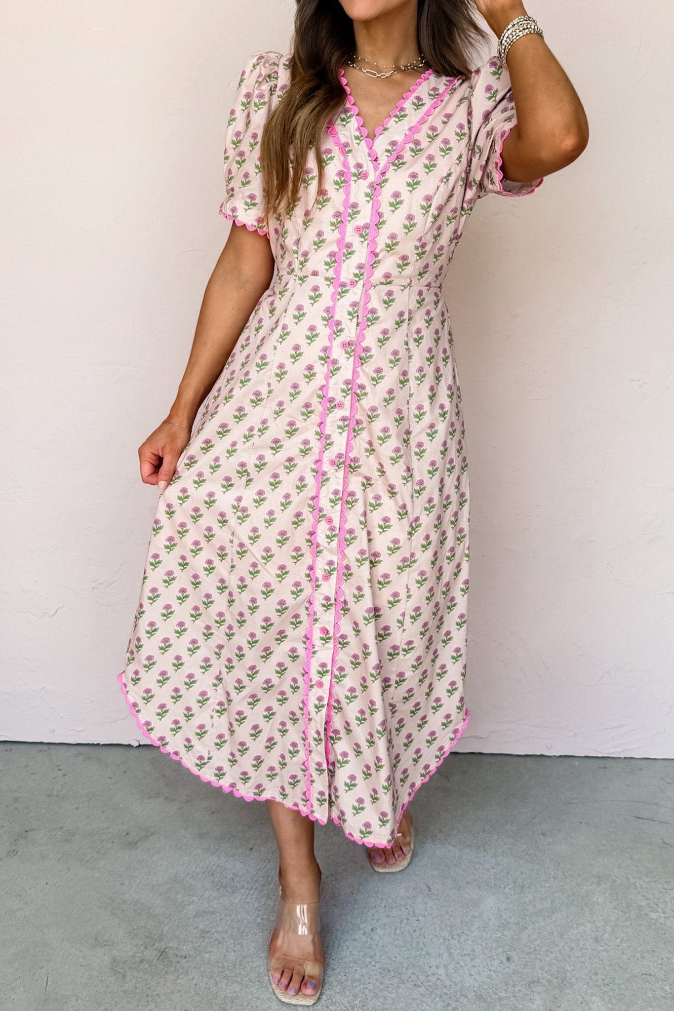 Pink Floral Print V Neck Scallop Trim Button Front Short Sleeve Long Dress - Loving It Shop