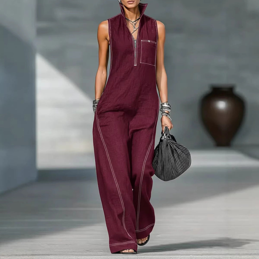Stand-up Collar Jumpsuit With Pockets Summer Fashion Casual Sleeveless Jumpsuit Trousers Women&
