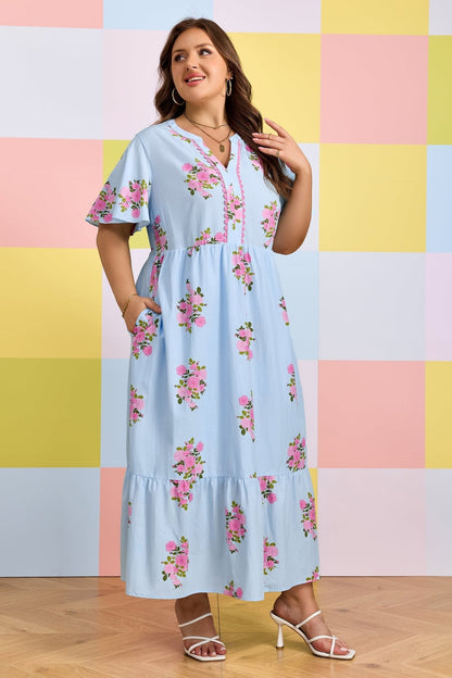 Sky Blue Plus Size Floral Print Scalloped Trim V - Neck Dress - Loving It Shop
