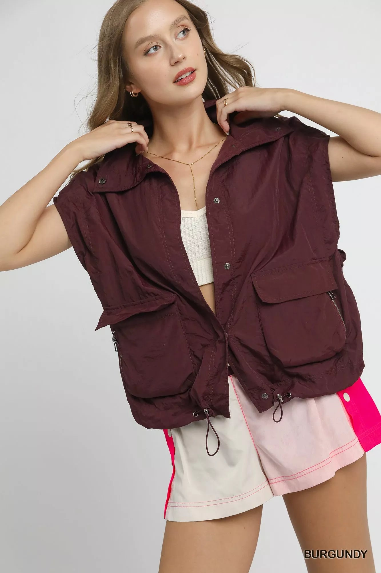 Drawstring Hem Nylon Vest with Pockets