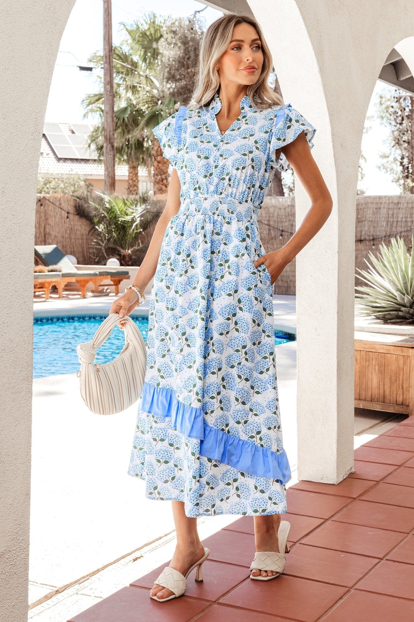 Sky Blue Hydrangea Floral Print Ruffle Trim Flutter Sleeve Long Dress - Loving It Shop