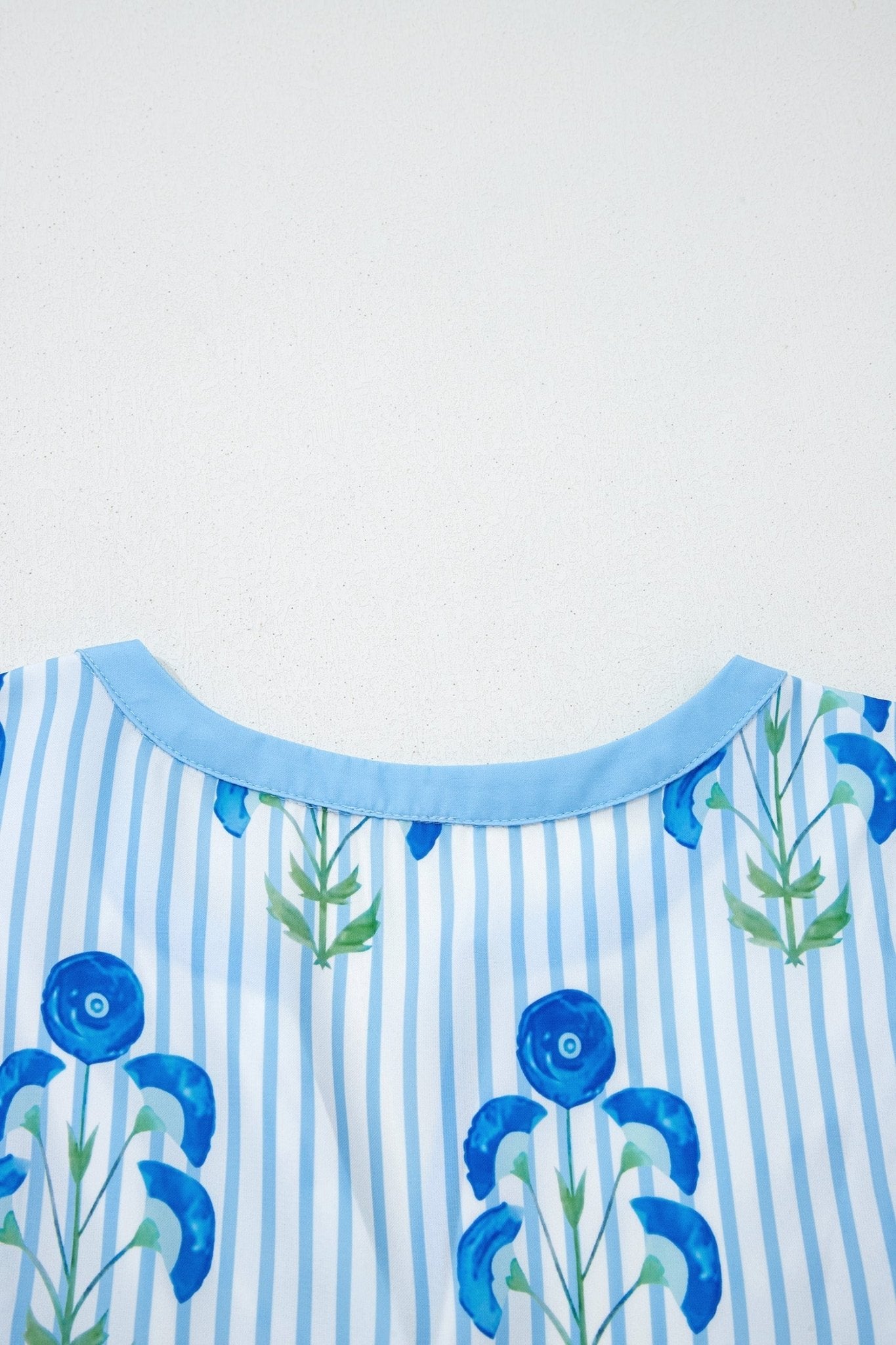 Sky Blue Floral Striped Print Tie Notched Neck Puff Sleeve Flared Mini Dress - Loving It Shop