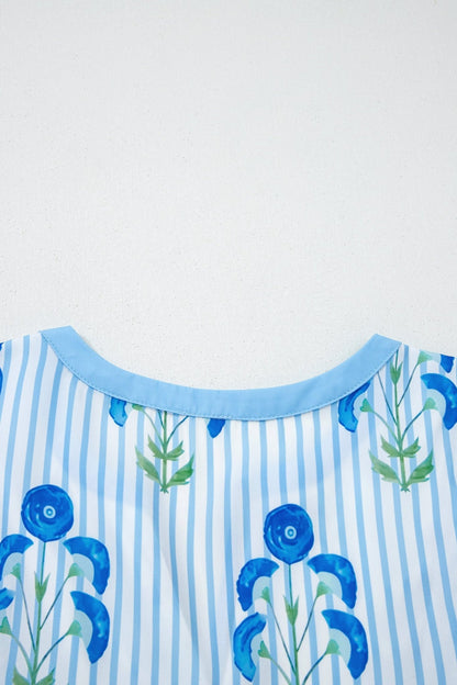 Sky Blue Floral Striped Print Tie Notched Neck Puff Sleeve Flared Mini Dress - Loving It Shop