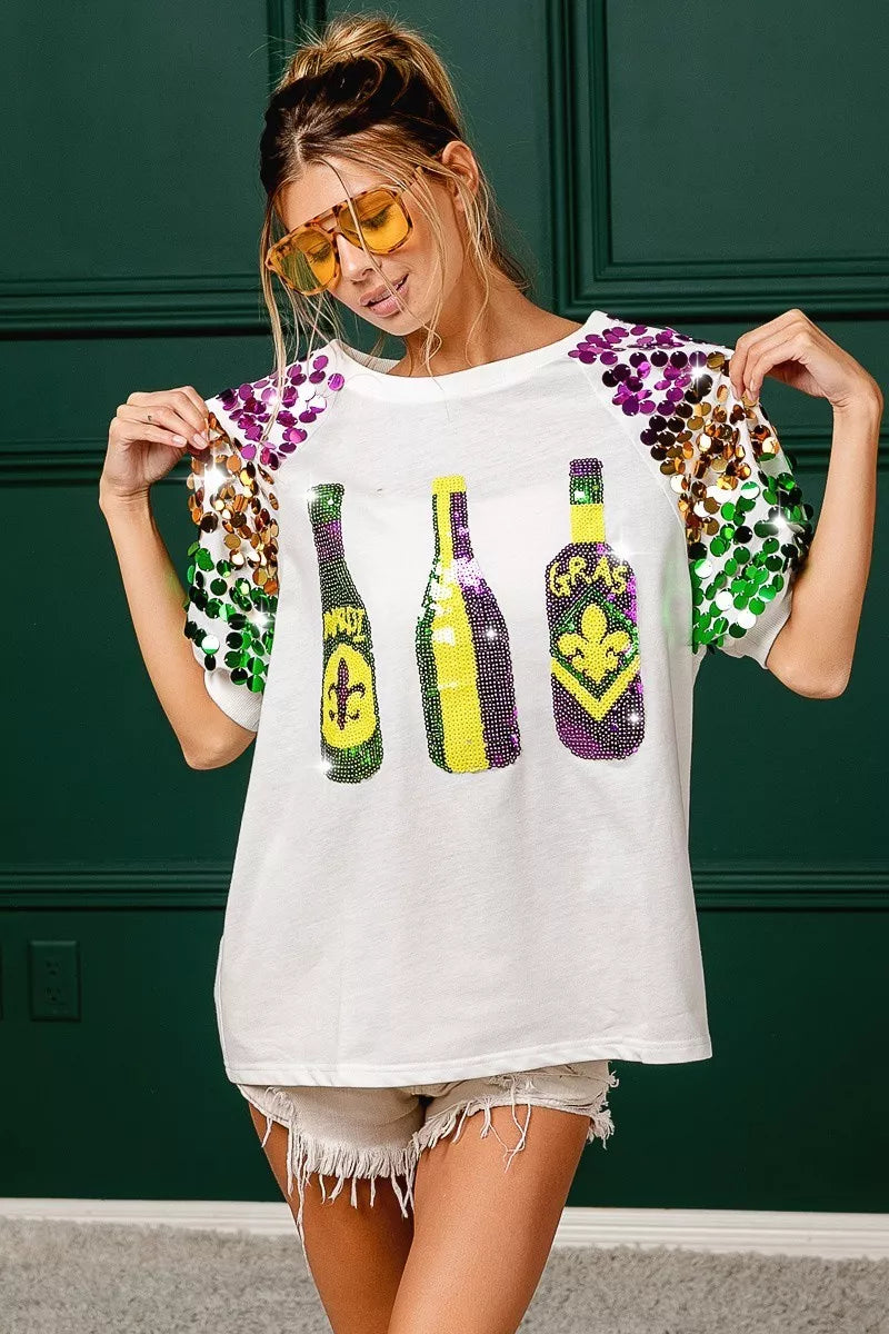 Sequin Mardi Gras Bottles Spangled Sleeve Top