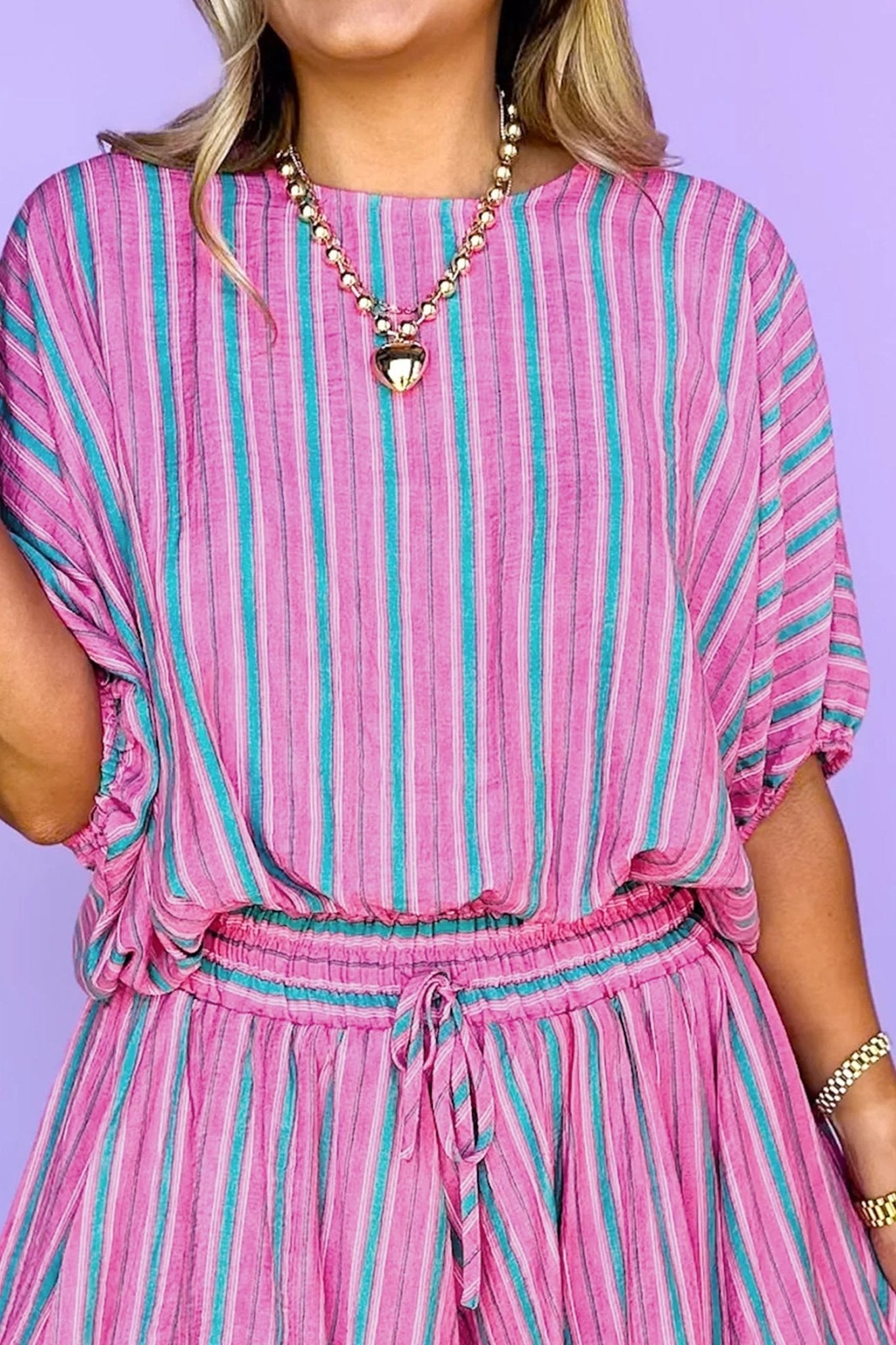Pink Stripe Dolman Short Sleeve Blouse Drawstring Elastic Waist Loose Short Set - Loving It Shop