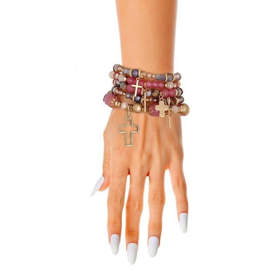 Bracelets with Pink Glass Bead Crosses – Trendy Fashion Jewelry Accessory