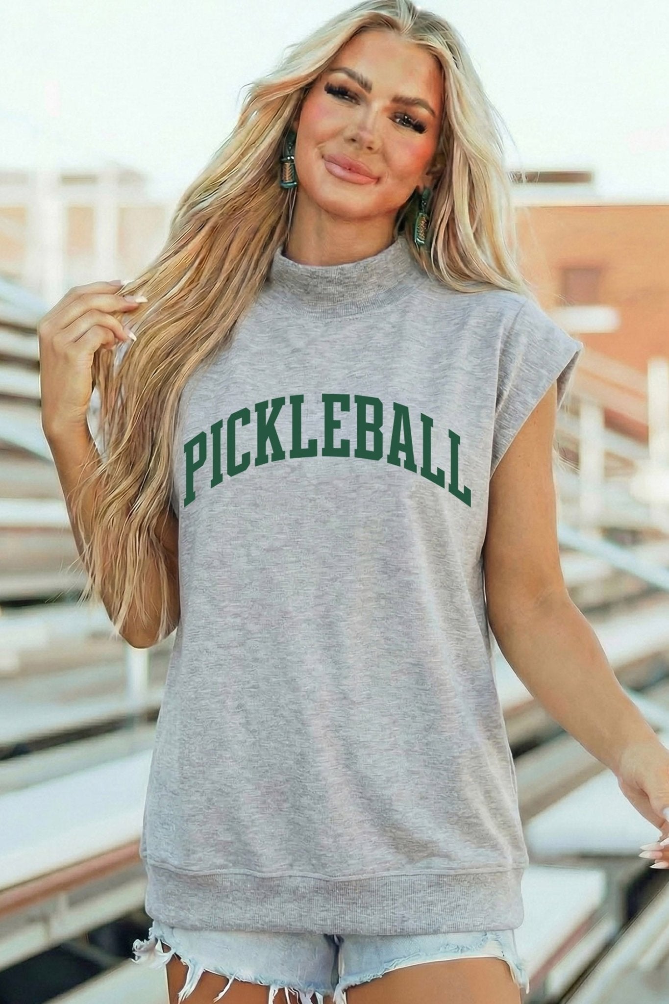Light Grey PICKLEBALL Lettering Mock Neck Short Sleeve Top - Loving It Shop