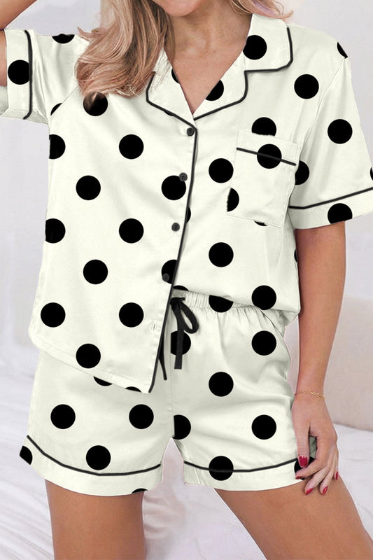 Beige Polka Dot Print Lapel Shirt Drawstring 2pcs Short Pajama Set - Loving It Shop