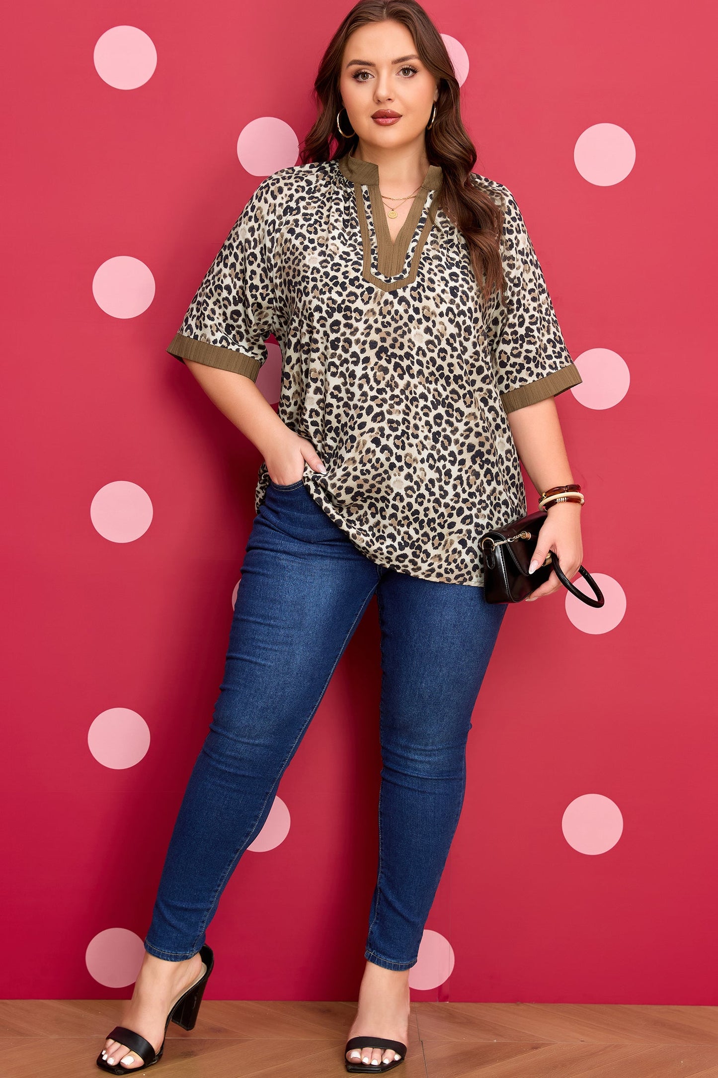 Brown Plus Size Leopard Print Crinkled Colorblock Patchwork V Neck Blouse