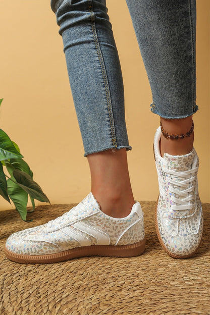 Coffee PU Leather Detail Shimmer Leopard Printed Lace-up Sneakers